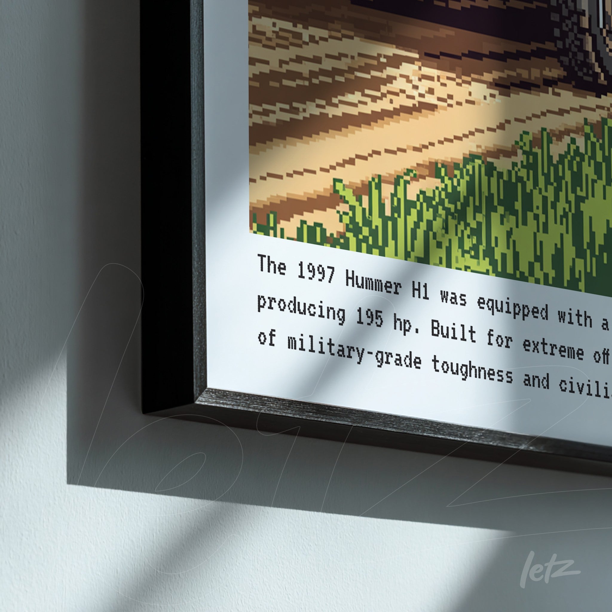 framed digital art of the 1997 Hummer H1 showcasing performance details with a slim black frame