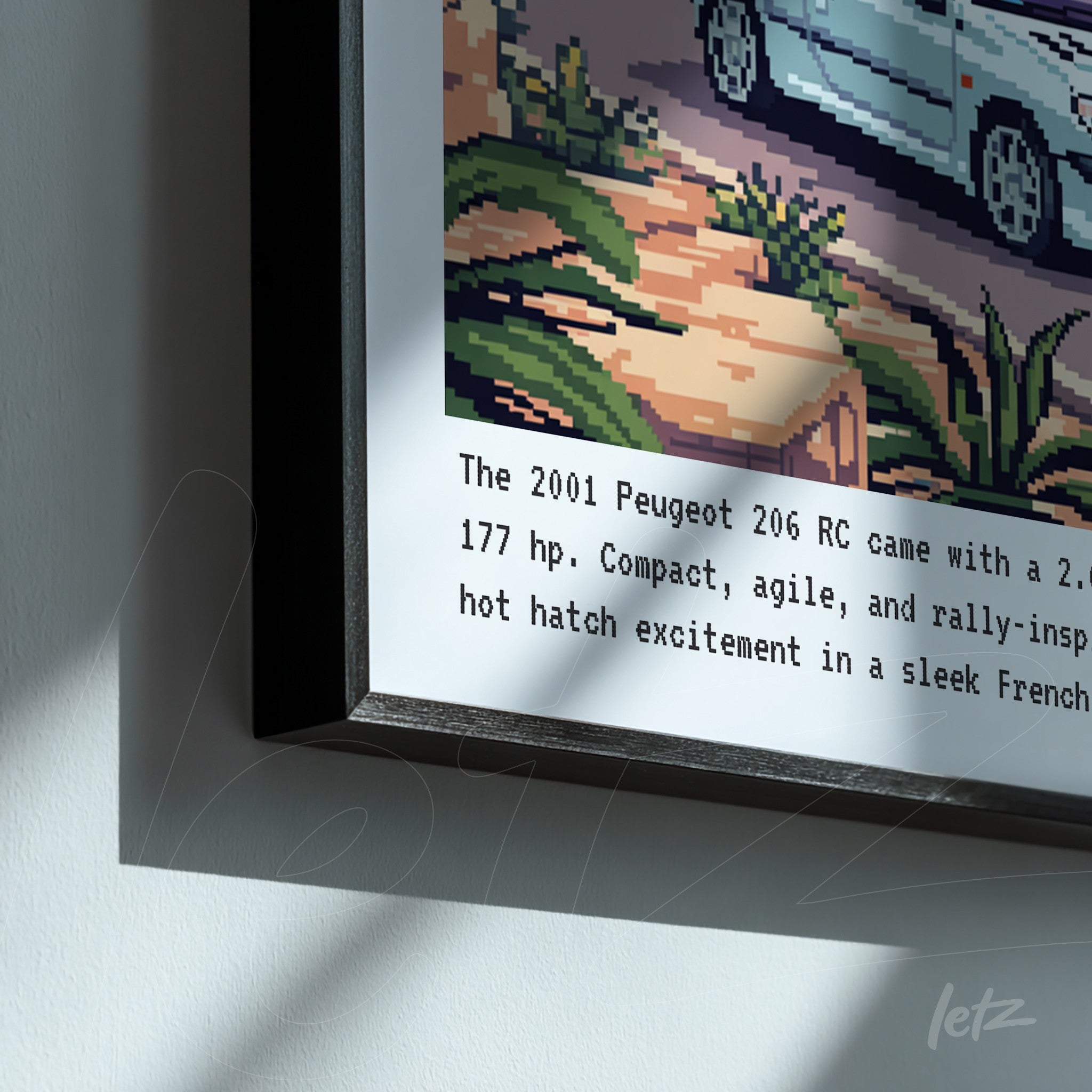 framed artwork featuring pixel art of a Peugeot 206 RC car in a colorful landscape