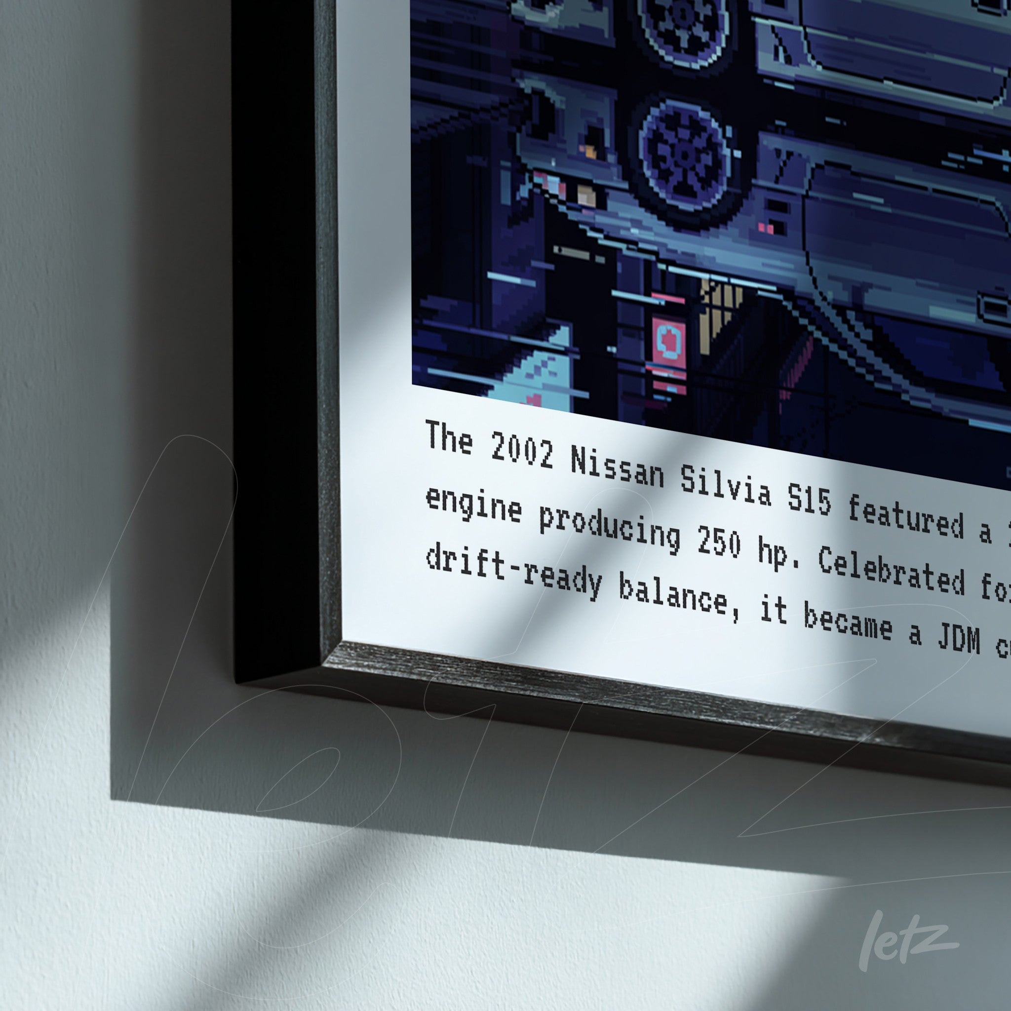 framed wall art featuring a digital illustration of a Nissan Silvia S15 in a pixelated background