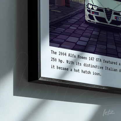 framed digital art featuring a pixelated Alfa Romeo 147 GTA with black frame and street background details
