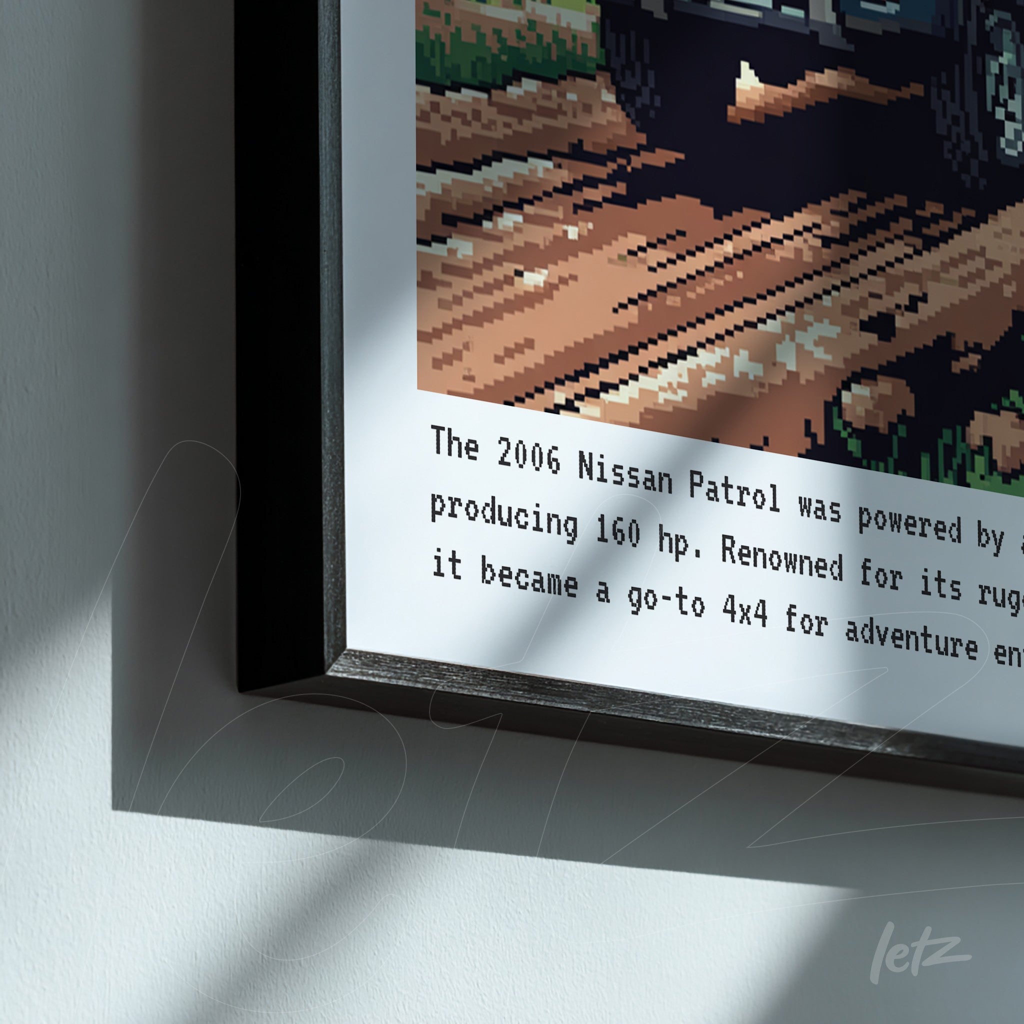 framed pixel art of a Nissan Patrol with a black frame, featuring informative text about its specifications