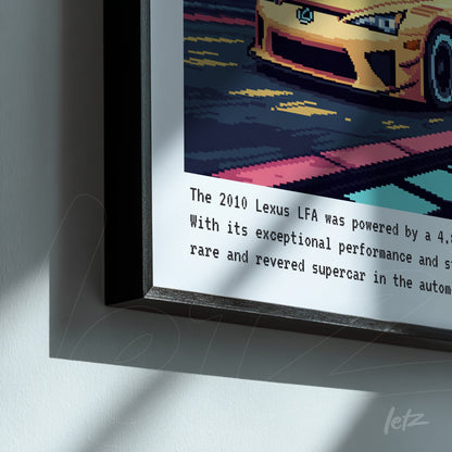 framed digital artwork of a sports car in pixel art style with informational text below the illustration