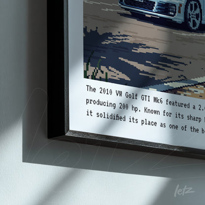 framed pixel art of a 2010 Volkswagen Golf GTI Mk6 with black frame