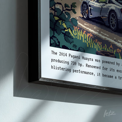 framed artwork featuring pixel art of the Pagani Huayra car on a green background with text below