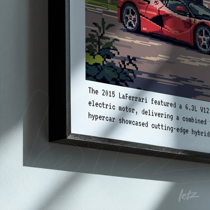 framed pixel art of a LaFerrari with a black frame and descriptive text on the side