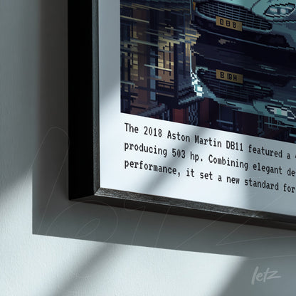 framed digital art showcasing an Aston Martin DB11 car with a black frame