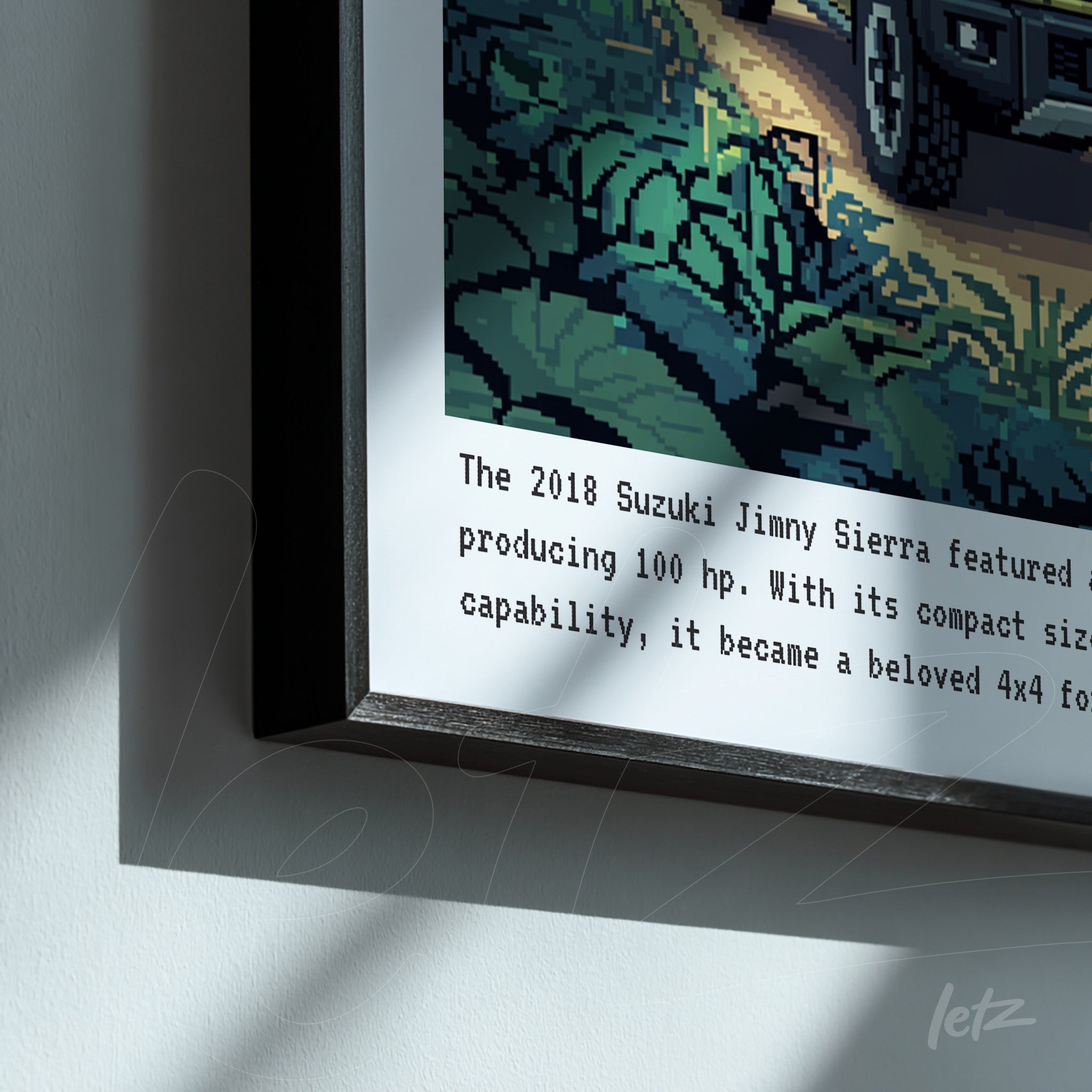 framed pixel art of the Suzuki Jimny Sierra set in a lush natural landscape with descriptive text below