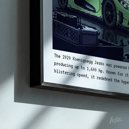framed artwork featuring pixel art of a 2020 koenigsegg jesko on a white background