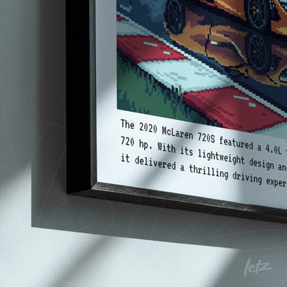 framed artwork featuring a pixelated illustration of a racing car on a colorful background with a text description at the bottom