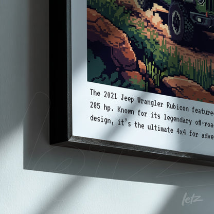 framed pixel art of a jeep wrangler rubicon showcasing rocks and greenery in the background