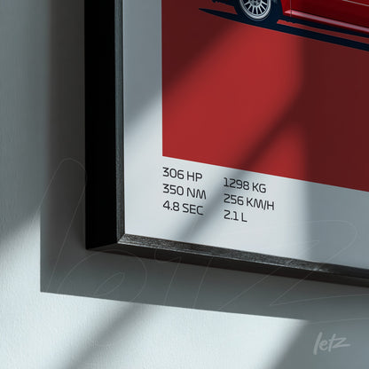 framed artwork featuring a stylized illustration of a red car, displaying specs like horsepower and weight on a vibrant red background with a black frame