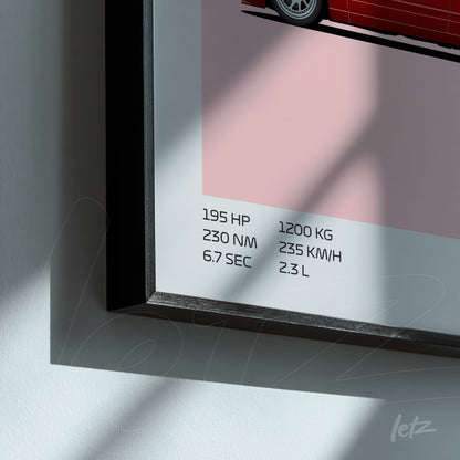 framed artwork of a red sports car with technical specifications text on a pink background
