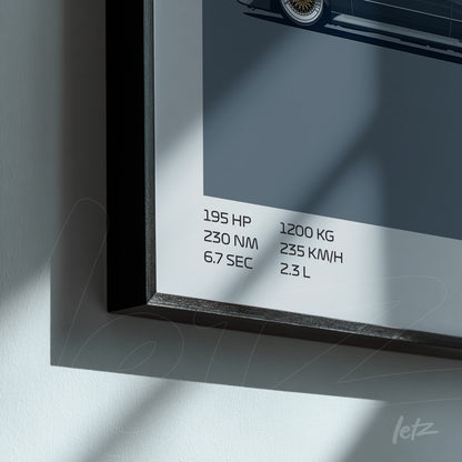 framed artwork featuring detailed illustration of a sports car with technical specifications on gray background and slim black frame