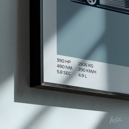 framed wall art featuring minimalist design showcasing car specifications, including horsepower and weight, against a light blue background