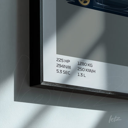 framed wall art featuring a car illustration with technical specifications displayed at the bottom