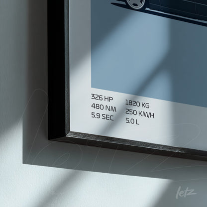 framed artwork featuring a sports car illustration with technical specifications displayed beside it