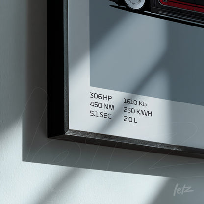 framed art with minimalist design featuring technical specifications of a car in black frame
