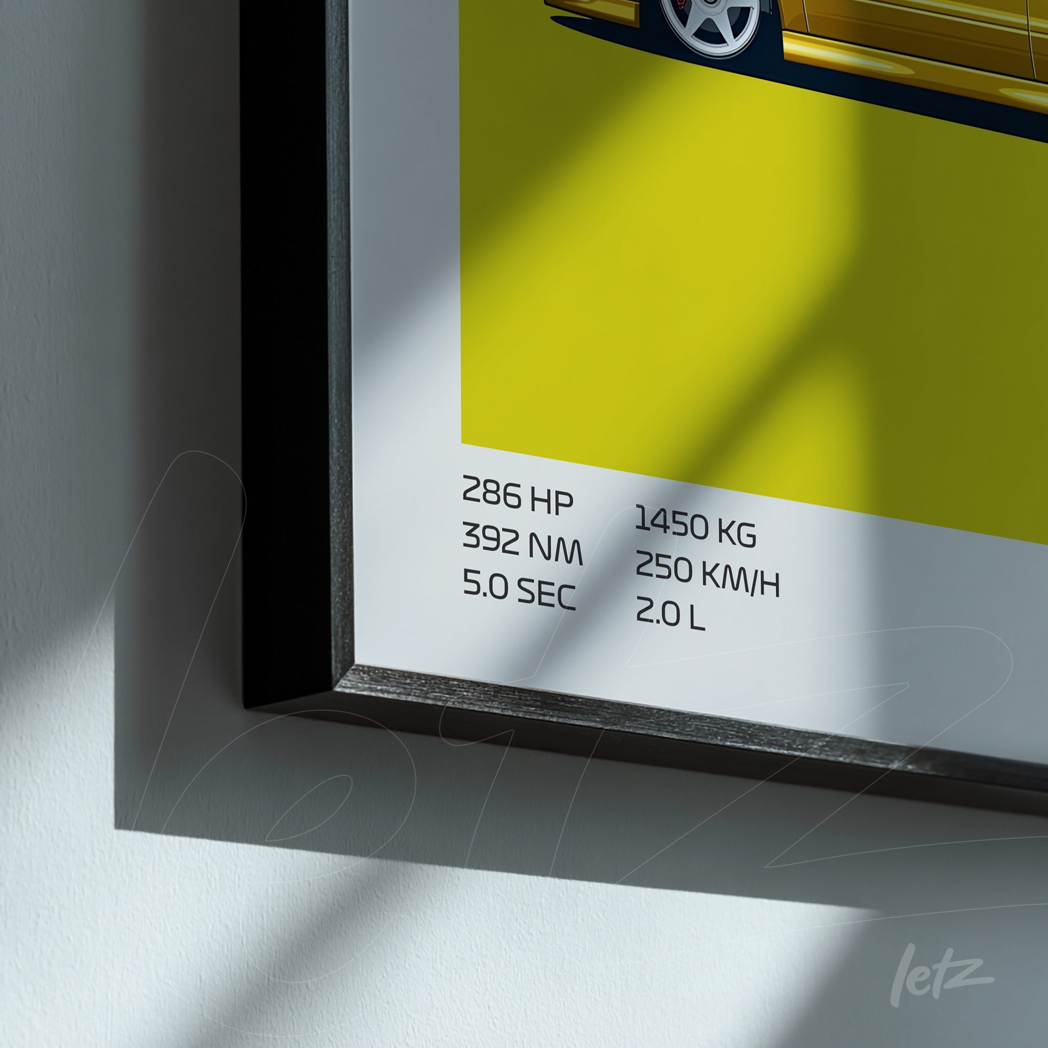 framed wall art featuring minimalist design with vibrant yellow background showcasing technical specifications of a car, black frame casting shadows on the wall