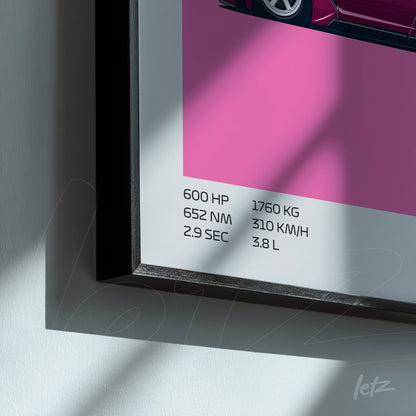 framed artwork of a sports car on a pink background with black frame
