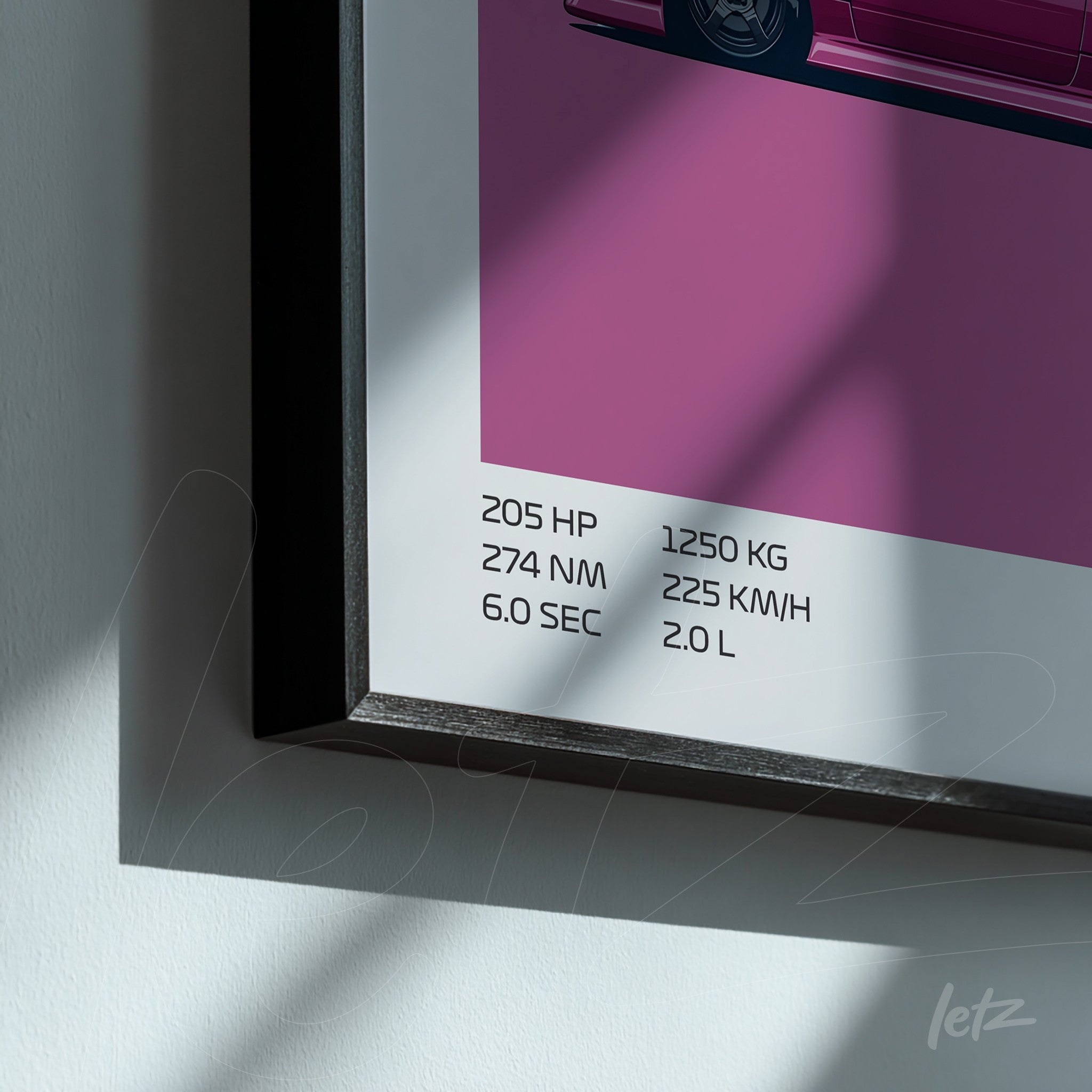 framed digital art of a car in minimalist style with pink background and technical specifications in black frame