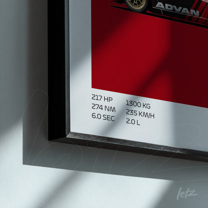 framed wall art featuring a race car graphic on a red background with white technical specifications and a black frame