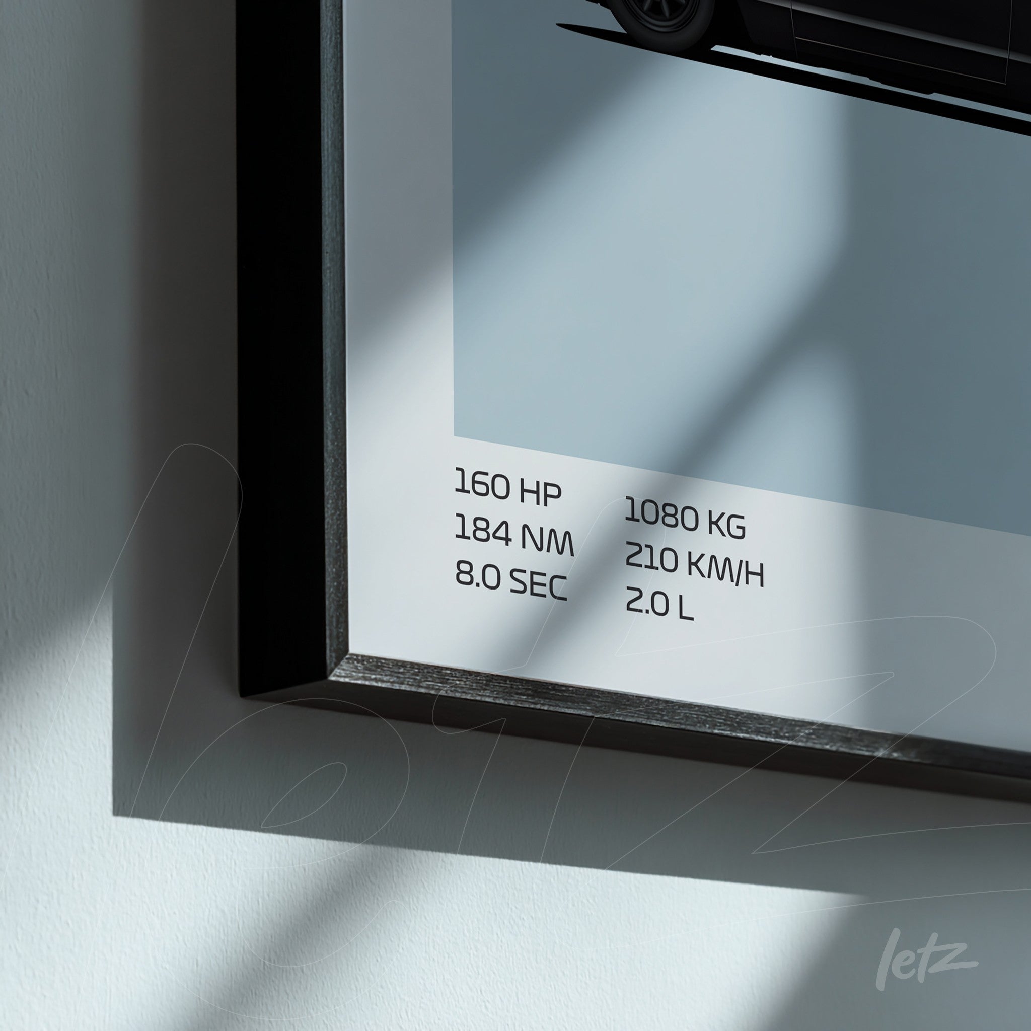 framed artwork displaying technical specifications of a car on a light blue background