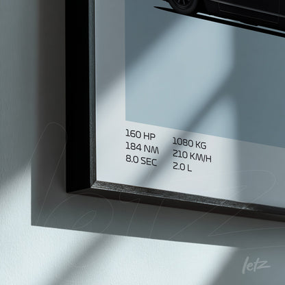 framed artwork displaying technical specifications of a car on a light blue background