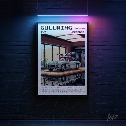 framed illustration of the 1955 Mercedes Gullwing car with a sleek black frame against a dark blue wall