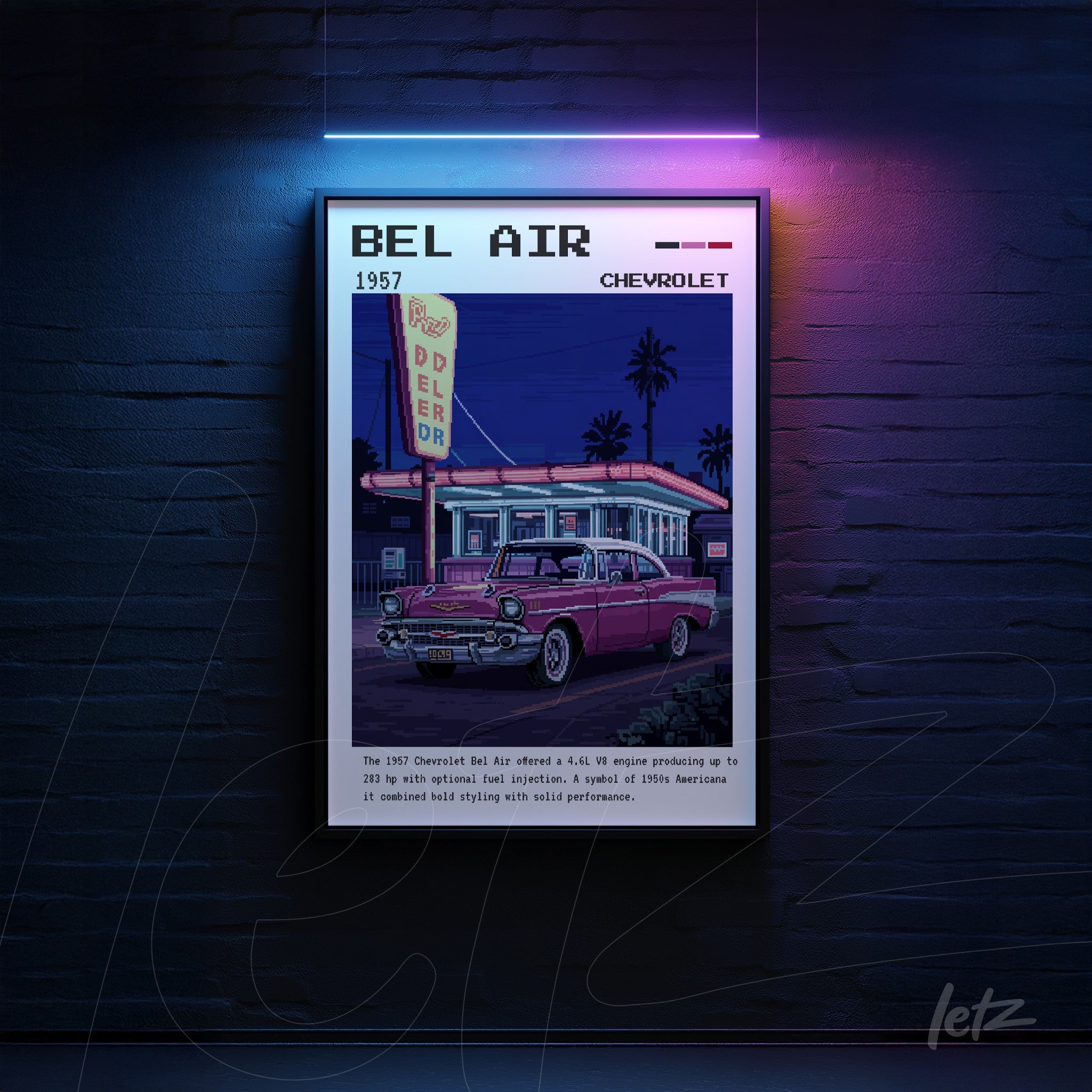 retro style art print of 1957 Chevrolet Bel Air in black frame with modern neon lighting