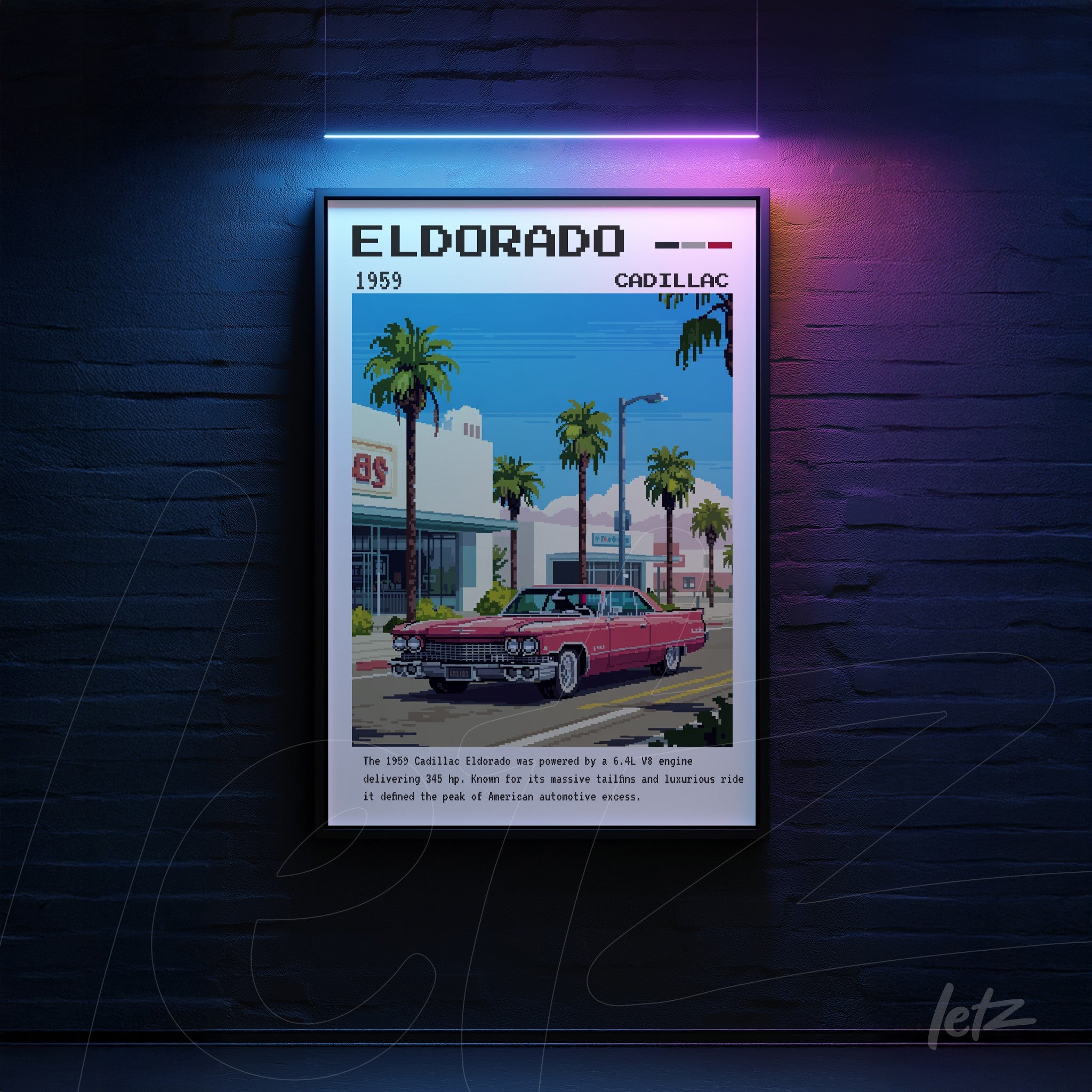 vintage wall art featuring a 1959 Cadillac Eldorado in black frame with tropical palm trees in retro style