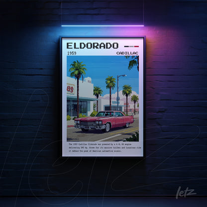 vintage wall art featuring a 1959 Cadillac Eldorado in black frame with tropical palm trees in retro style