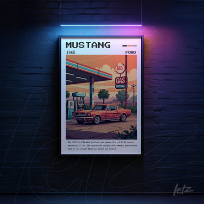 retro style framed art of a 1965 Mustang at a vintage gas station with black frame