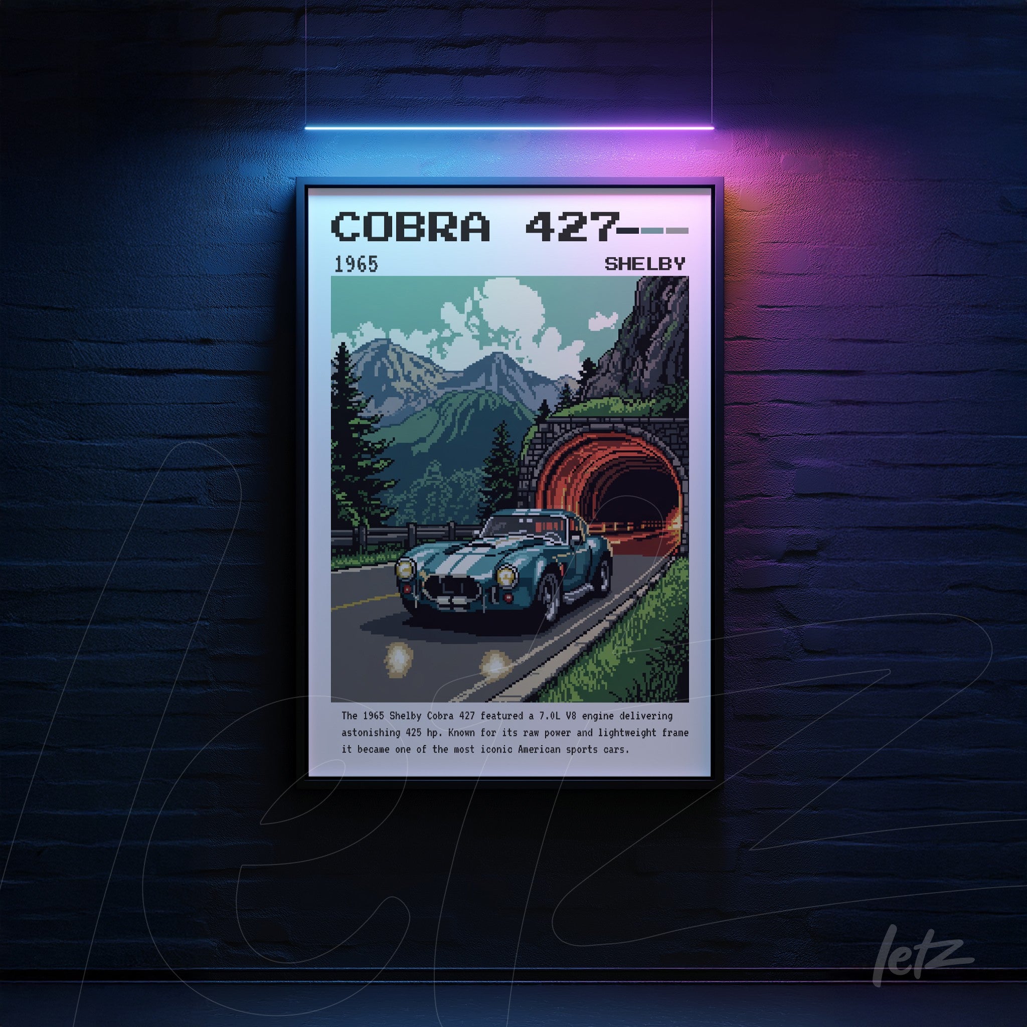 pixel art of a shelby cobra 427 car with black frame against a mountain background
