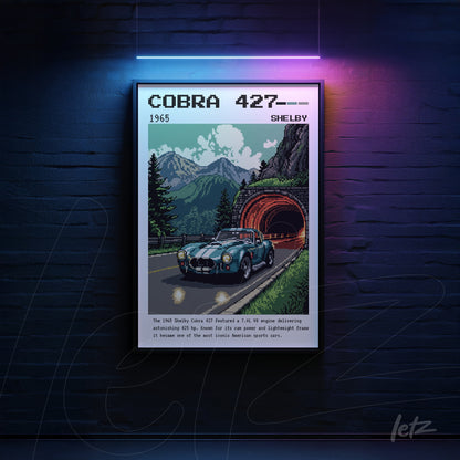 pixel art of a shelby cobra 427 car with black frame against a mountain background