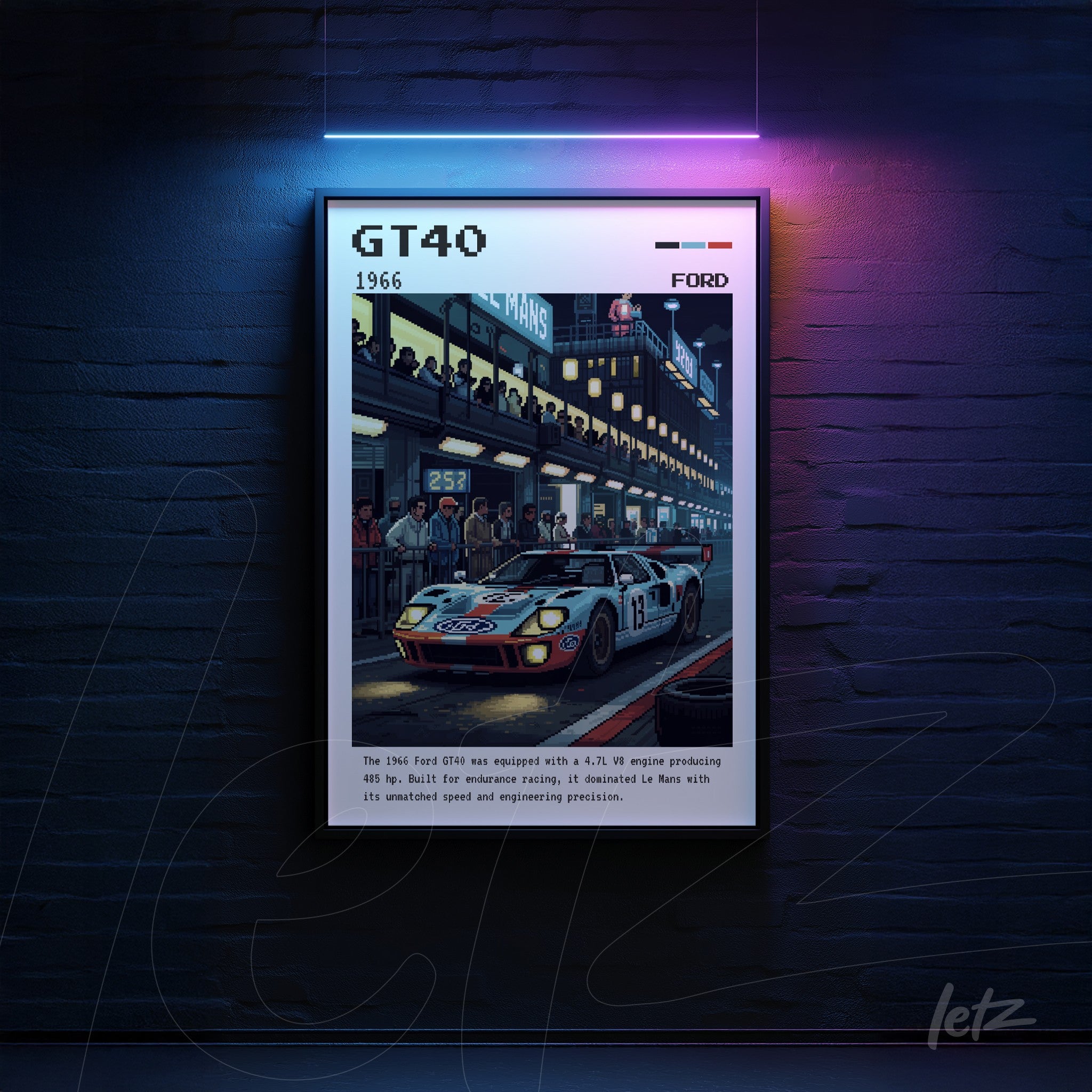framed digital art of the Ford GT40 with historical details, displayed on a dark wall with neon lighting