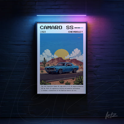 pixel art framed print of the 1969 Chevrolet Camaro SS with a dark desert background and sunset mountains