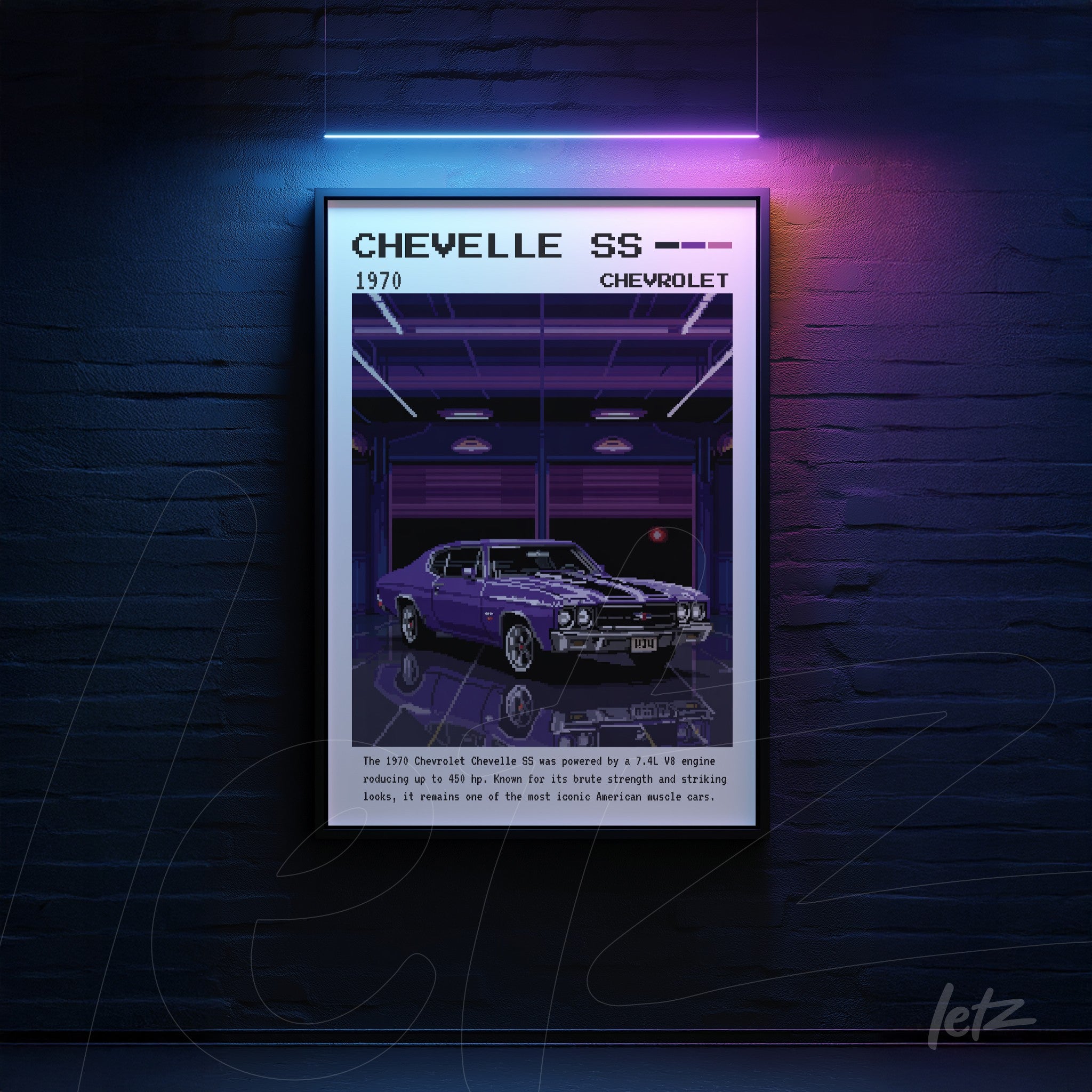 framed vintage art of 1970 Chevrolet Chevelle SS with a sleek black frame