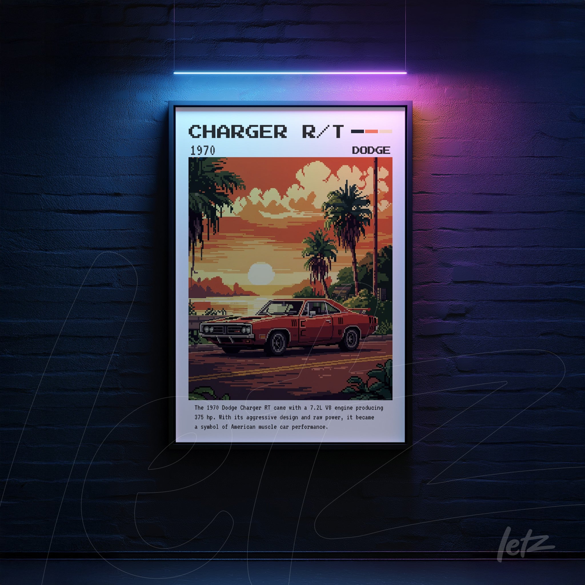 retro style wall art of 1970 Dodge Charger R/T framed with palm trees and sunset backdrop