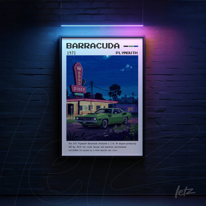 retro digital artwork of a 1971 Plymouth Barracuda in a diner setting