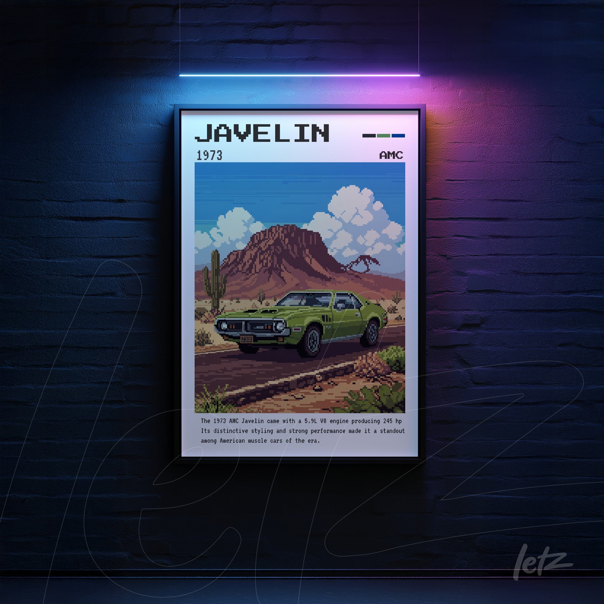 framed digital art of the AMC Javelin in pixel style, featuring a desert landscape with mountains in the background