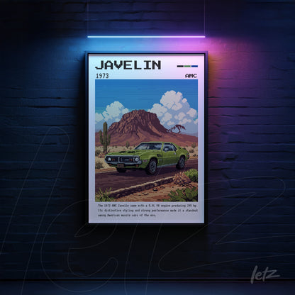 framed digital art of the AMC Javelin in pixel style, featuring a desert landscape with mountains in the background