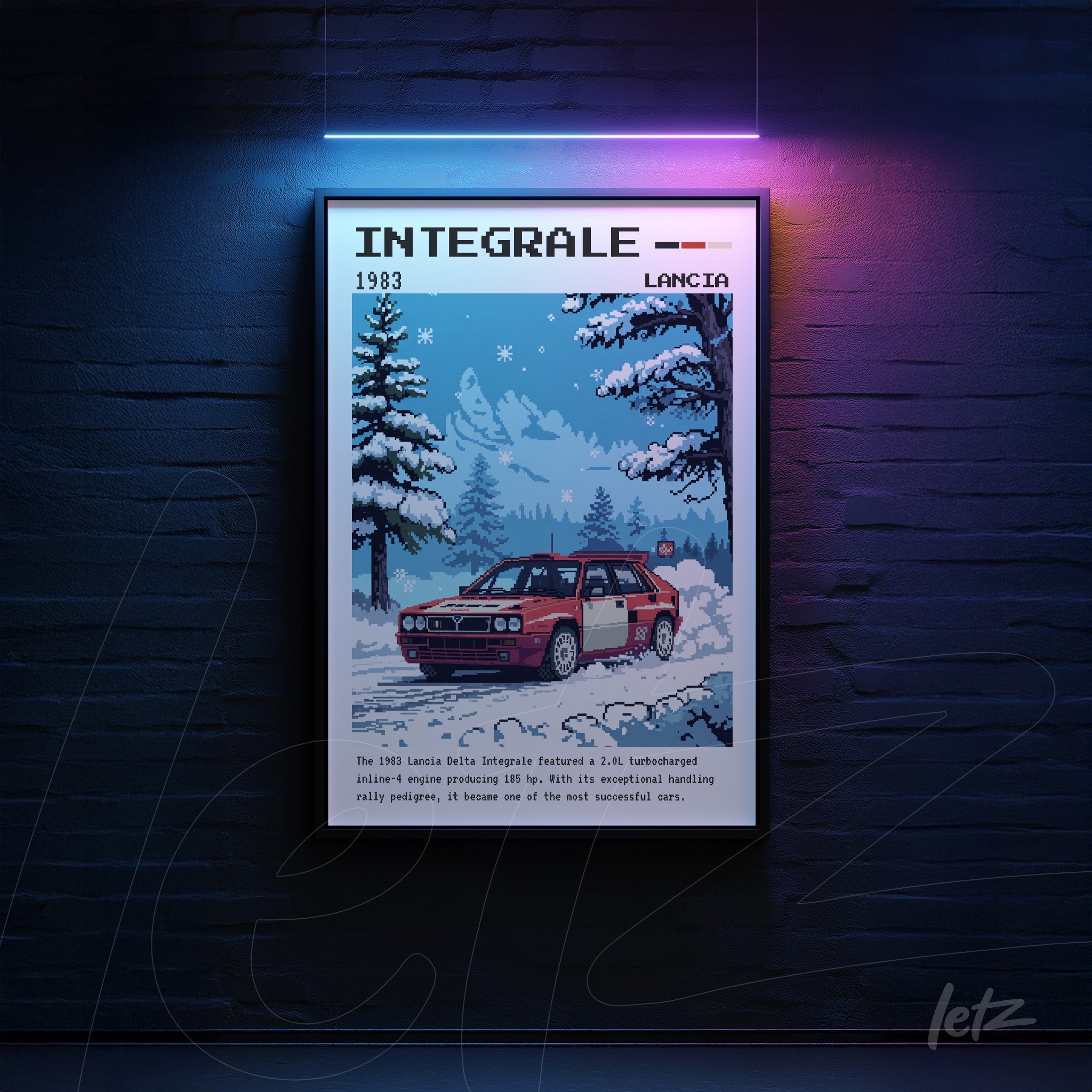 retro style framed artwork featuring pixelated illustration of 1983 Lancia Integrale in snowy landscape