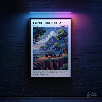 digital art print of 1984 Toyota Land Cruiser in black frame, featuring a pixel art landscape background