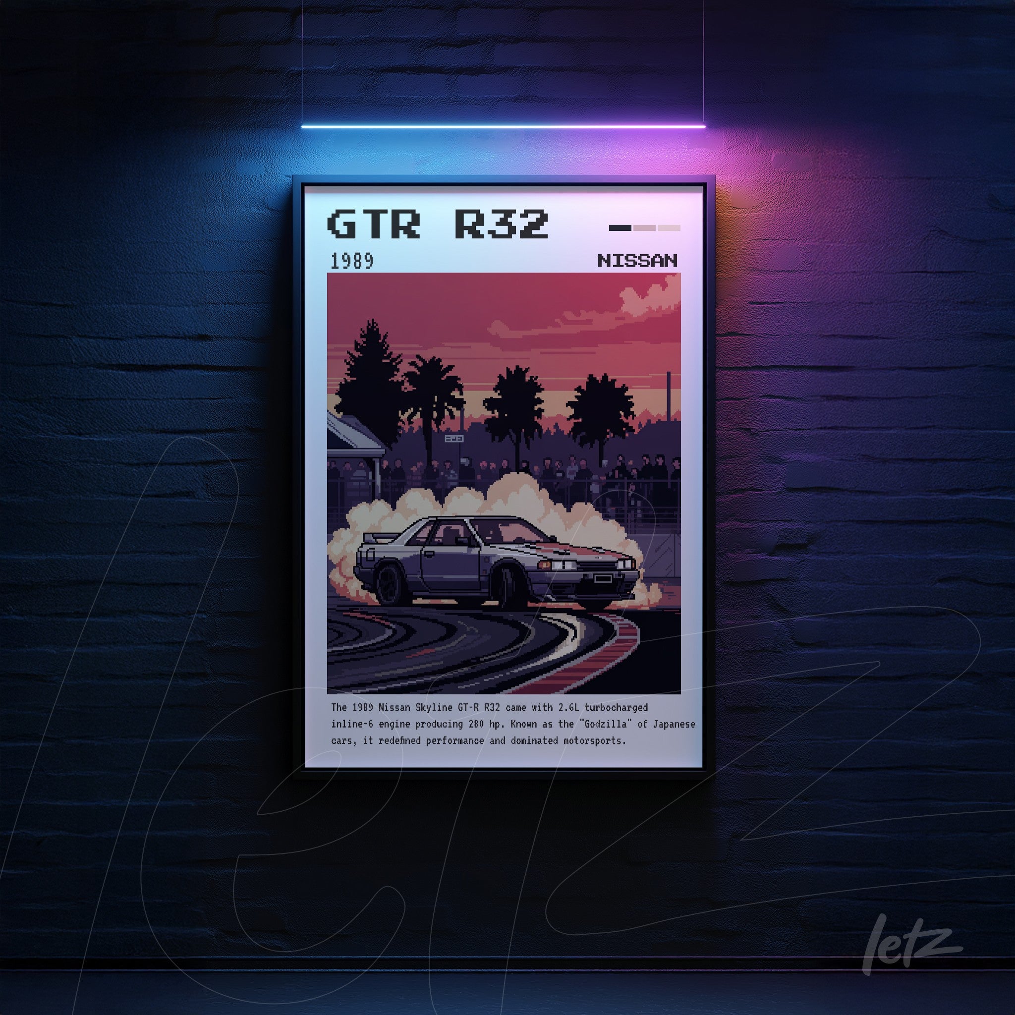 digital artwork of Nissan Skyline GTR R32 in retro style with black frame