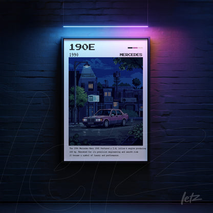 retro style framed art featuring the Mercedes 190E in a nighttime urban setting