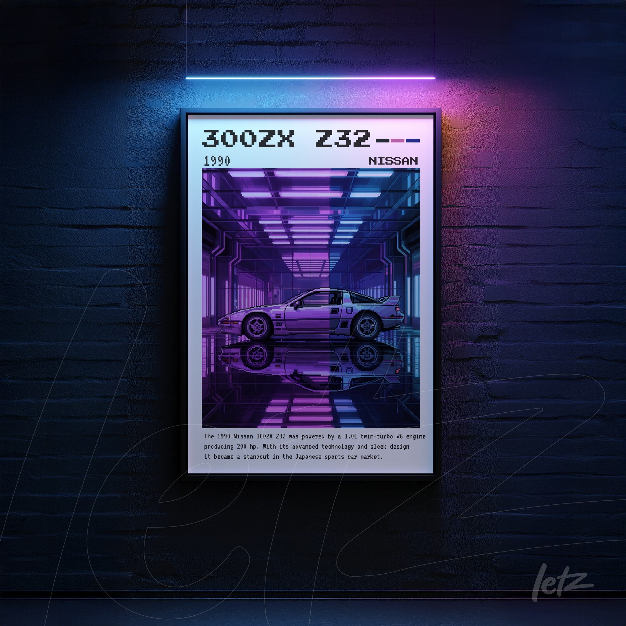 framed digital art of the Nissan 300ZX Z32 in retro futuristic style featuring neon details and reflections on dark background