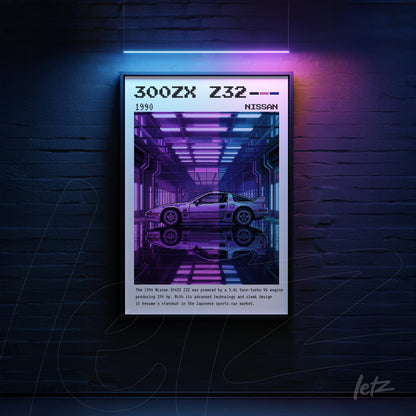 framed digital art of the Nissan 300ZX Z32 in retro futuristic style featuring neon details and reflections on dark background