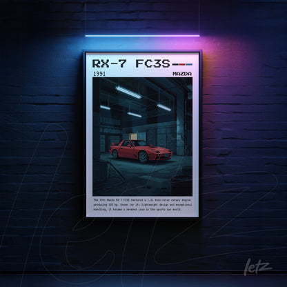 framed digital illustration of a Mazda RX-7 FC3S sports car in a garage environment with a black frame and dark blue background