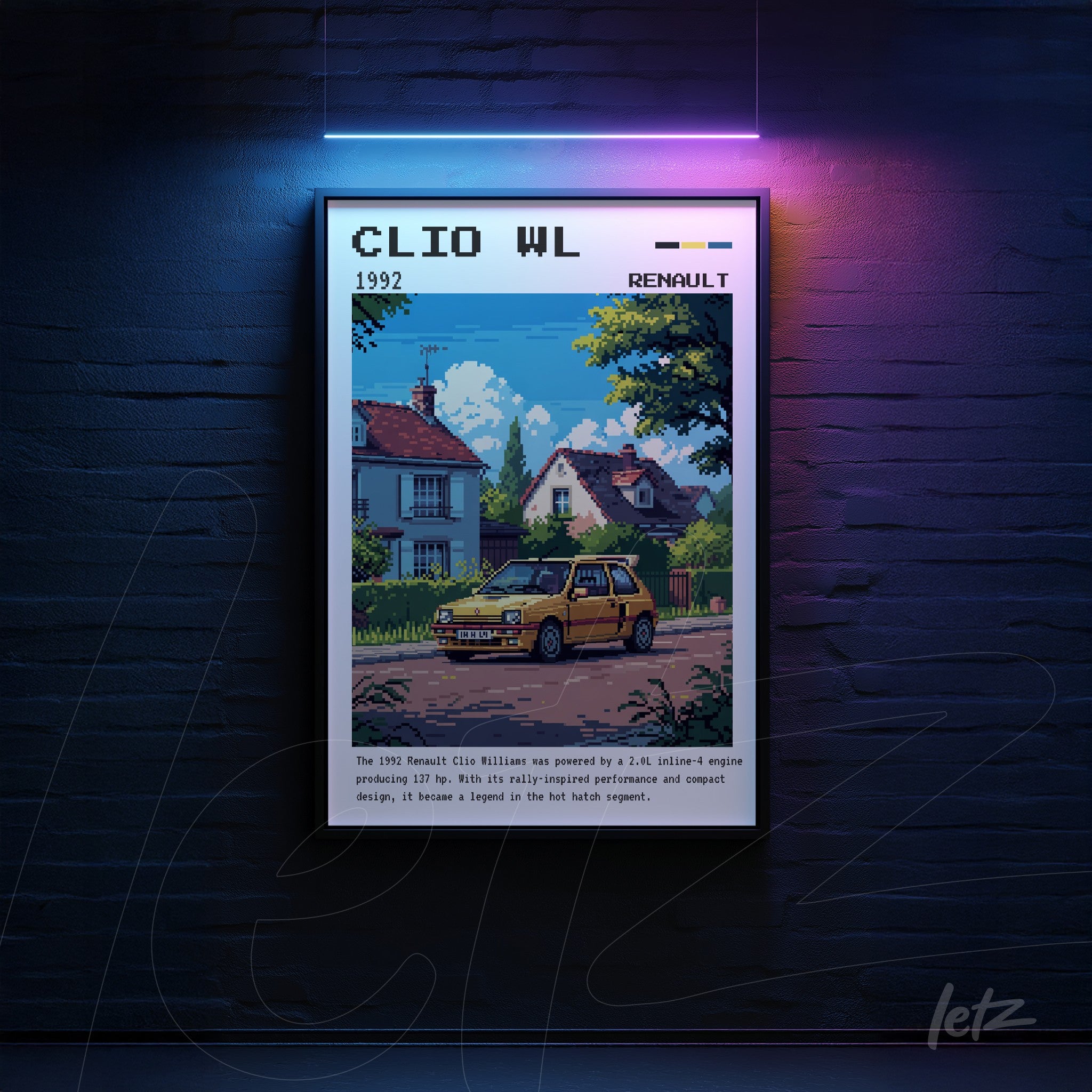 framed digital art of a 1992 Renault Clio WL in an urban setting with houses in the background, black frame and neon lights surrounding