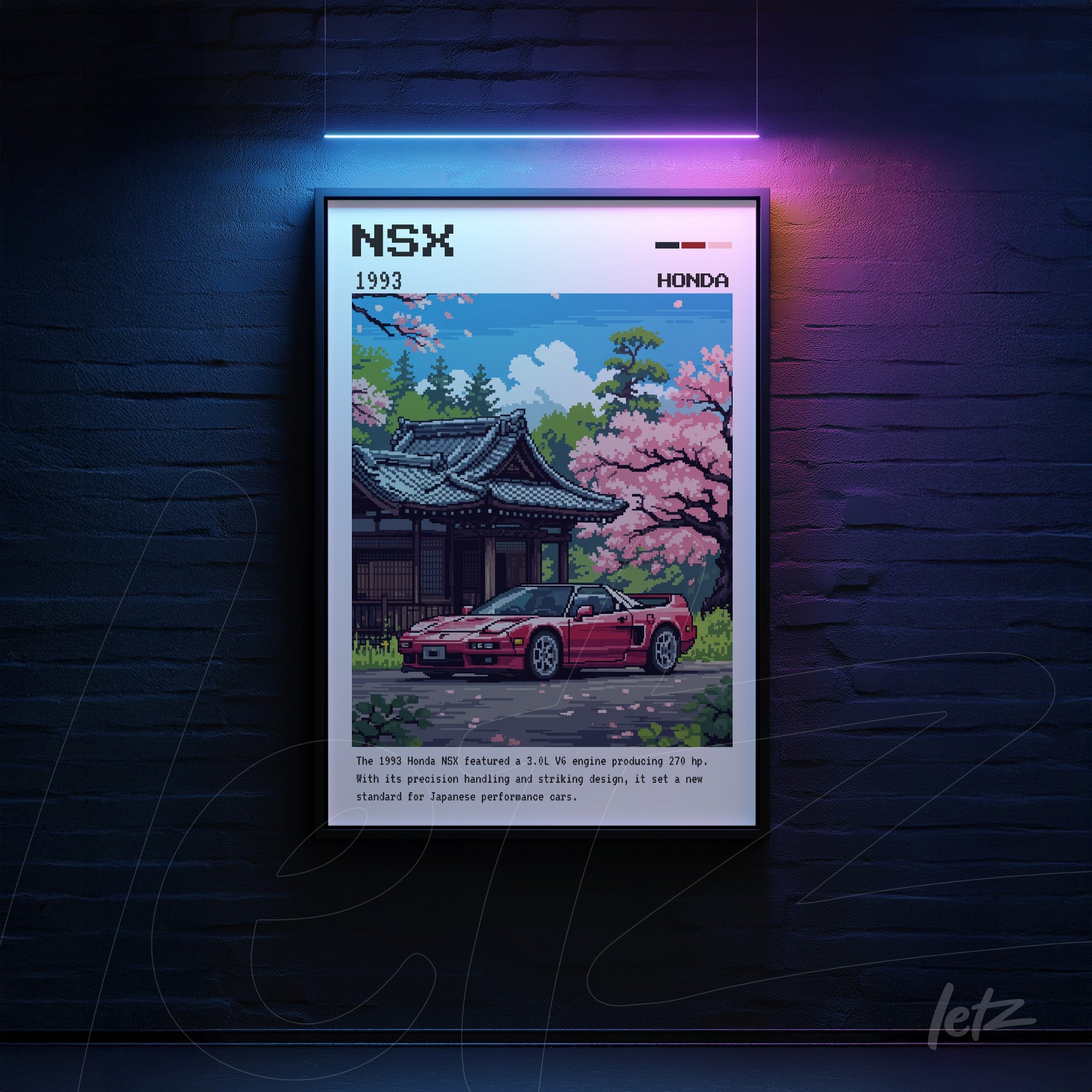 framed pixel art of the 1993 Honda NSX featuring a Japanese scenery with cherry blossoms and a temple